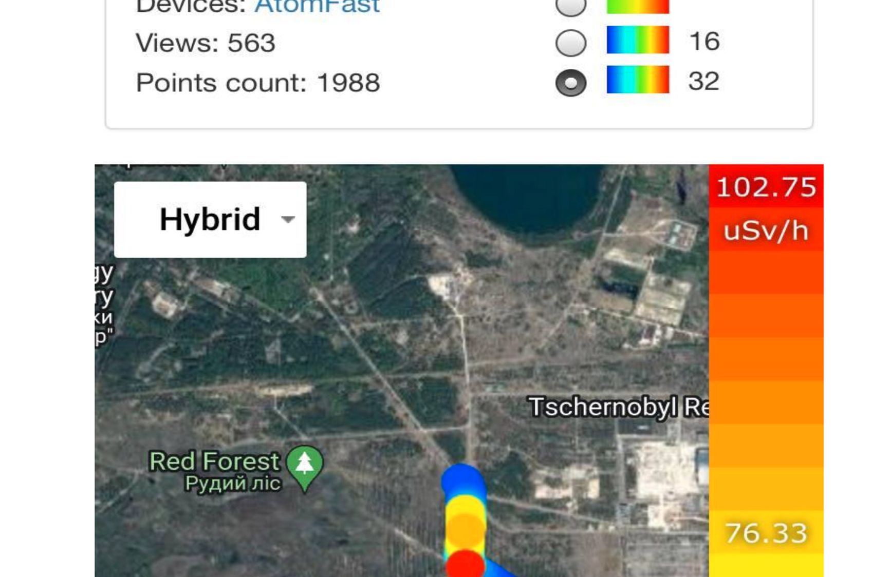 Мощность дозы гамма-излучения в районе Рыжего леса. Максимальный уровень на фото 102 мкЗв/ч при норме не более 0,2 мкЗв/ч. 2019 год. Тепловая карта сделана с помощью сцинтилляционного дозиметра Atom Fast 8816